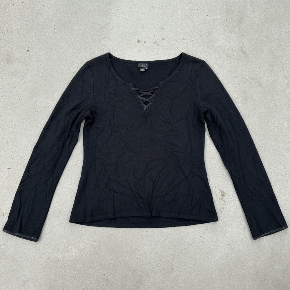 INC International Concepts Black Lace Up Neck Top Womens XL Long Sleeve